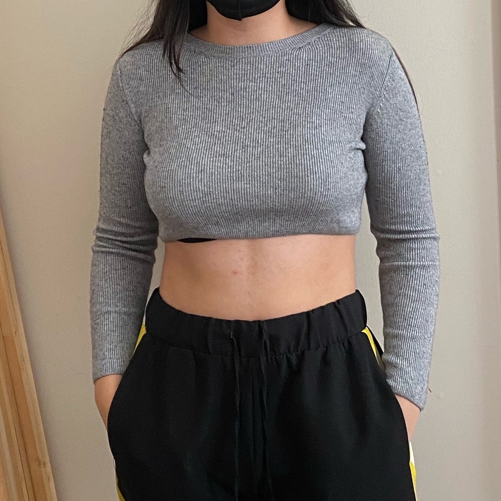 Grey Topshop Long Sleeve Ribbed Crop Top